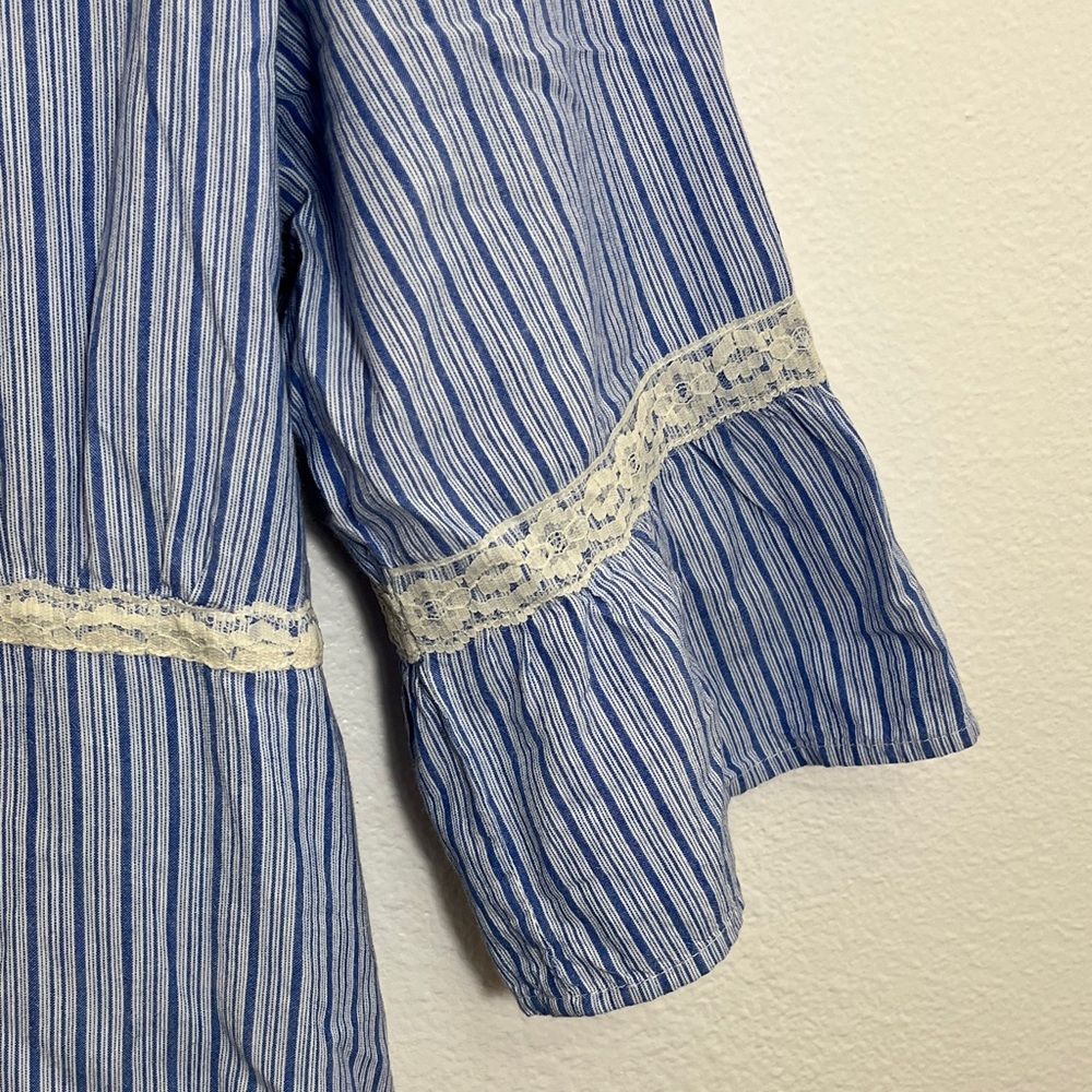 Denim 24/7 Blue Cotton Plus Size Striped Cream Lace-Trim Peasant Top - Picture 7 of 11